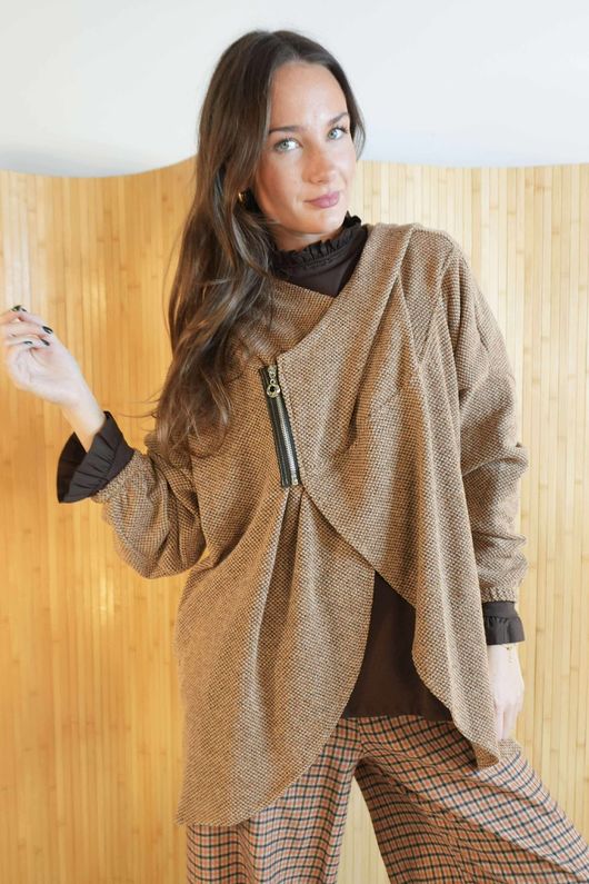 Waffle Zip Hooded Jacket Camel